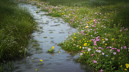 Flowering meadow with a small stream in the background.