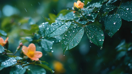 Raindrops on the leaves of roses in the garden after the rainの写真素材