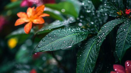 Rain drops on green leaves. Raindrops on green leaves after rain.