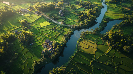 Aerial view of rice fields in the countryside in the morning.の写真素材