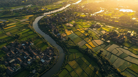 Aerial view of rice fields in the countryside at sunset in Bali, Indonesia