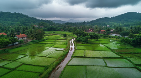 Aerial view of green rice terraces with cloudy sky background.