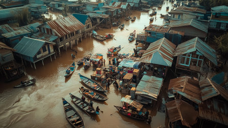 Aerial view of a floating market. Traditional wooden houses and boats.の写真素材