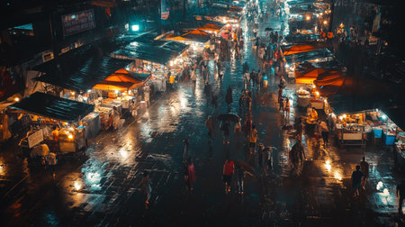 View of unknown people walking in the street at night in an Asian cityの写真素材