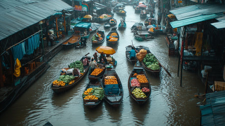 Unidentified Thai people sell fruits and vegetables at Damnoen Saduak floating market in Ratchaburi, Thailand.の写真素材