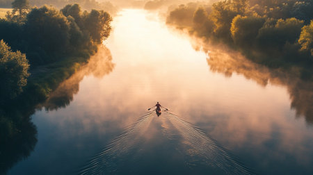 Aerial view of a man rowing a boat on the river at sunriseの写真素材