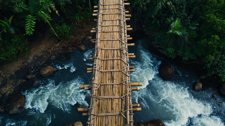 Aerial view of bamboo bridge over the river in tropical forest.