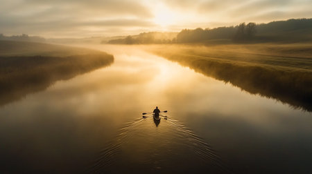 A view of a duck swimming in a misty lake at sunriseの写真素材