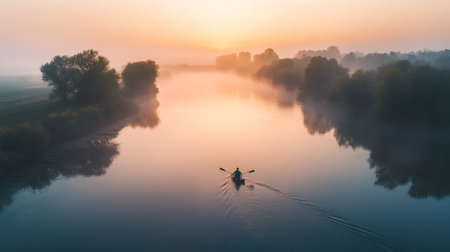 Fisherman in a boat on the river at sunrise. Aerial viewの写真素材