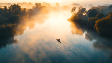 Aerial view of a fisherman in a boat on the river at sunriseの写真素材