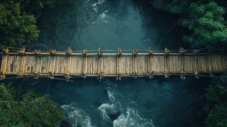 Aerial view of wooden bridge over the mountain river in summer dayの写真素材