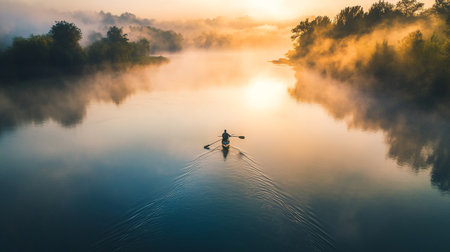 Person rowing a canoe on the river at sunrise. Aerial view