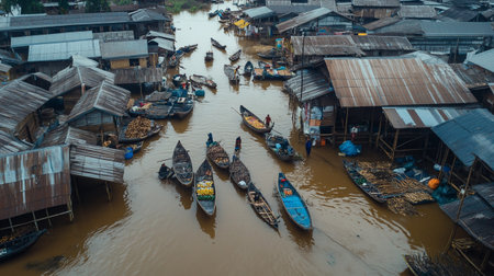 Aerial view of floating village in the Mekong Delta, Vietnamの写真素材
