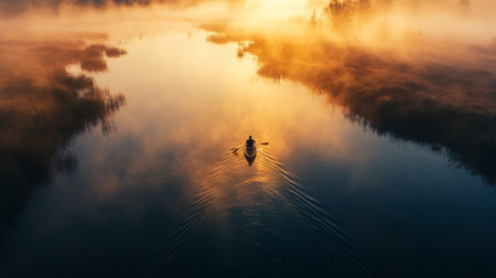Aerial view of a man rowing a boat on the river at sunriseの写真素材