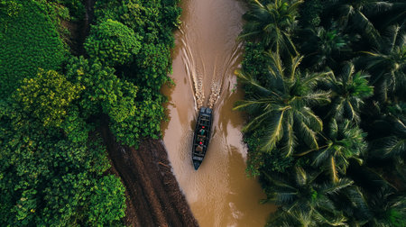 Aerial view of a boat on the river with palm trees.の写真素材