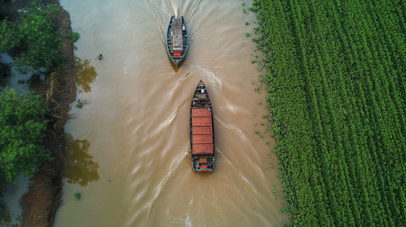 Aerial view of cargo ship sailing on the Mekong river in Vietnamの写真素材
