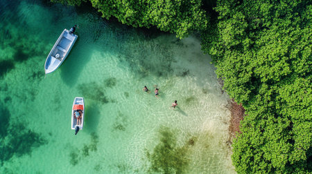 Aerial view of mangrove forest and boat in the sea