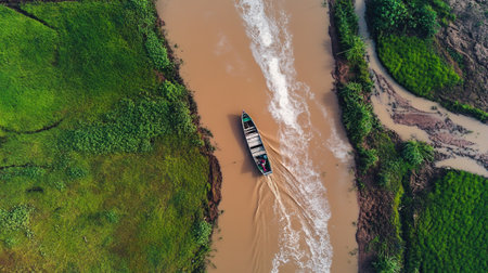 Aerial view of a boat in a river