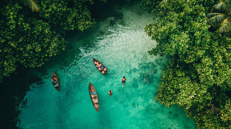 Aerial view of a man and woman kayaking in a turquoise tropical lagoonの写真素材