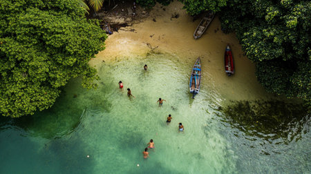 Aerial view of a group of people swimming in the sea.