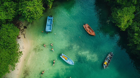 Aerial view of a group of people swimming in the sea.の写真素材
