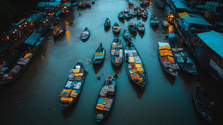 Aerial view of floating market and cargo ships in Bangkok, Thailandの写真素材