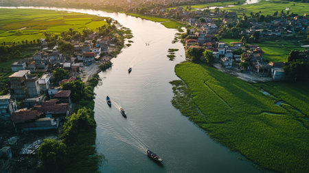 Aerial view of rice fields and river in the countryside of Vietnam