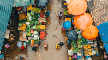Top view of Thai people selling fruits and vegetables at the market.