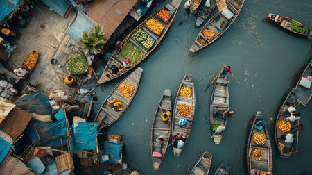 Aerial view of the floating market in Vietnam, Asia. The floating market is a major tourist...