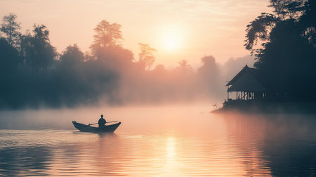 Fisherman in boat on the lake at sunrise, Thailand.の写真素材