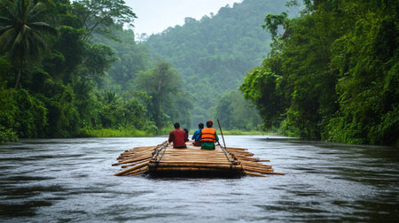 People rowing bamboo rafts on the Mekong Riverの写真素材