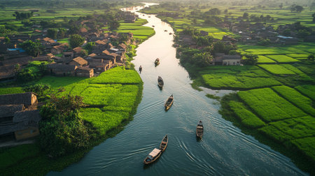 Aerial view of rice terraces with boats and small village
