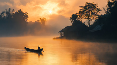 Fisherman in the boat on the river with foggy sunriseの写真素材