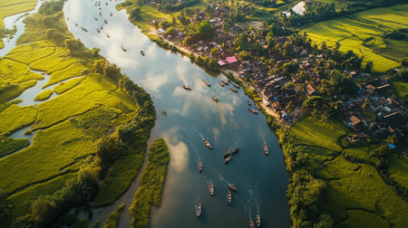 Aerial view of river and village in the countryside, Thailand.の写真素材