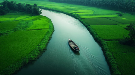 Aerial view of a boat on a rice field in the morning