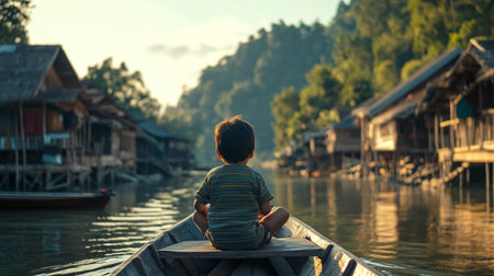 Little boy sitting on a boat on the river in the evening.