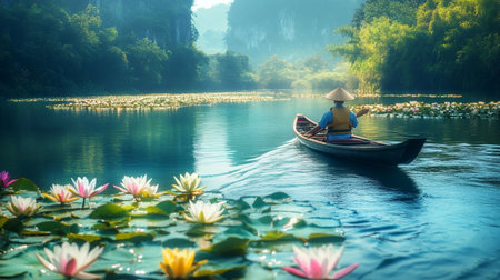 Vietnamese woman in traditional vietnamese hat rowing boat on the lake with lotus flowersの写真素材