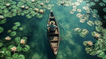 Aerial view of a fisherman in a boat on a lake with lotus flowers