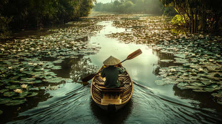Asian woman rowing a boat on the river in the morning.の写真素材