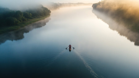 Aerial view of rowing boat on the river in foggy morningの写真素材