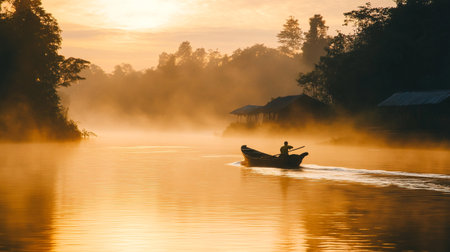 Fisherman in boat on the river at sunrise, Thailand.