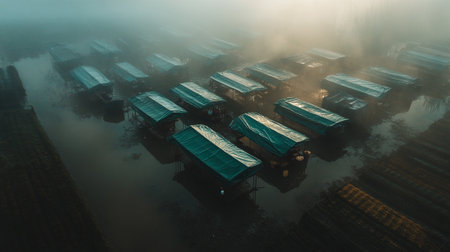 Aerial view of foggy morning in the rice field with floating housesの写真素材