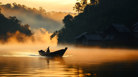 Fisherman in boat on the river at sunrise,Thailand