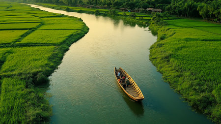 Aerial view of a man on a boat in a rice fieldの写真素材