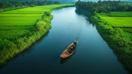 Boat on the river and rice field in the countryside of Thailandの写真素材