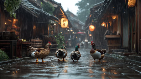 Flock of ducks walking in a wet street in Suzhou, Chinaの写真素材
