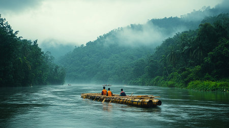 Beautiful landscape of river in the rainforest and people on boatの写真素材