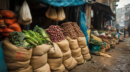 View of various vegetables sold in the streets of Varanasi in the afternoonの写真素材