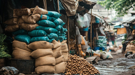 Bags of vegetable on the street market in Kathmandu, Nepalの写真素材