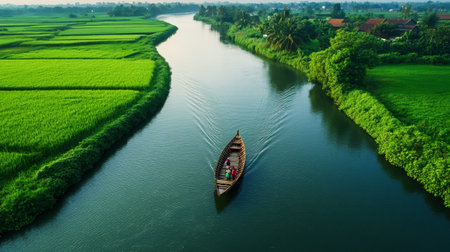 Aerial view of a small boat on the river with rice fields.